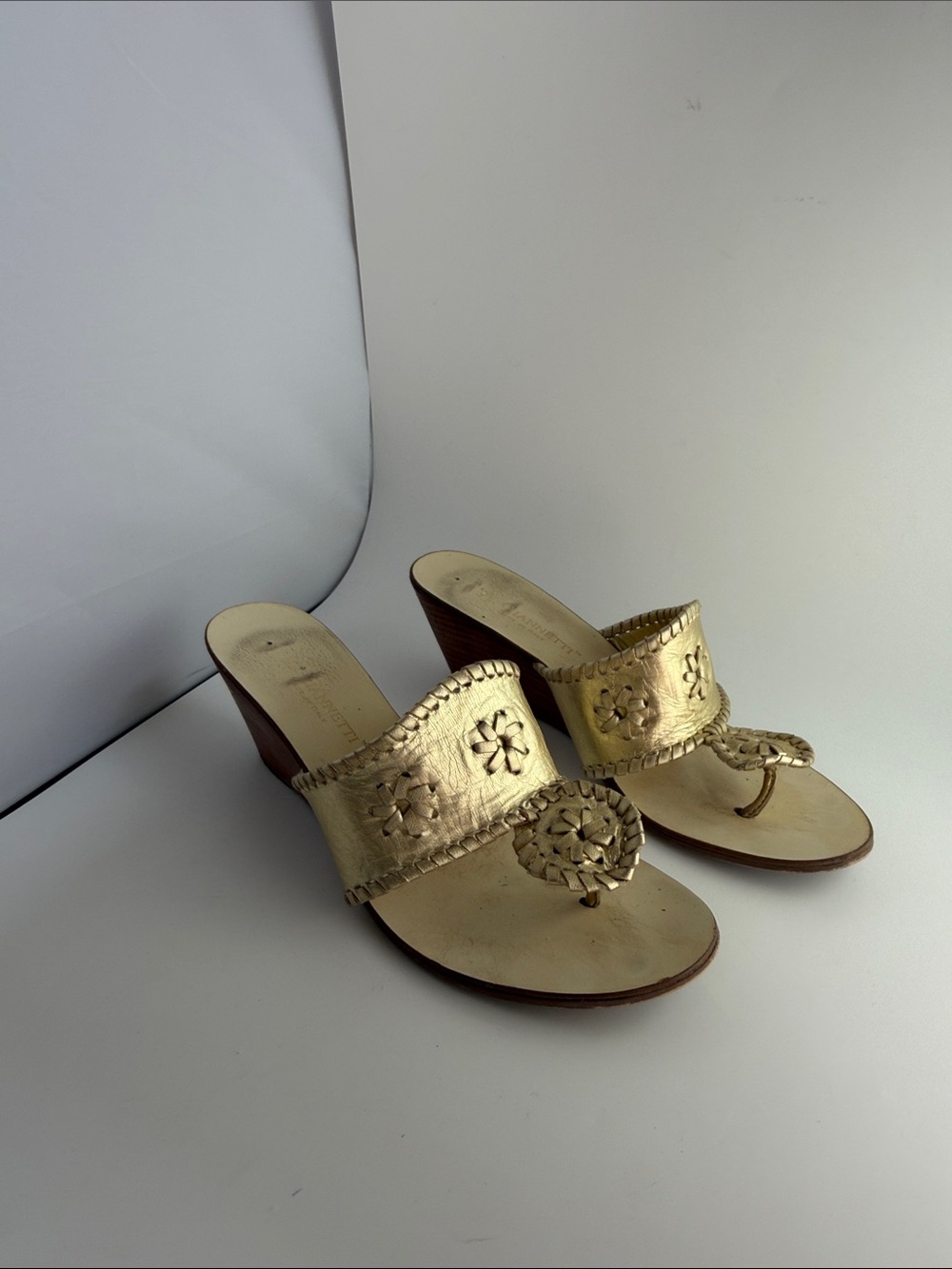 Metallic Gold Leather Thong Wedge Sandals